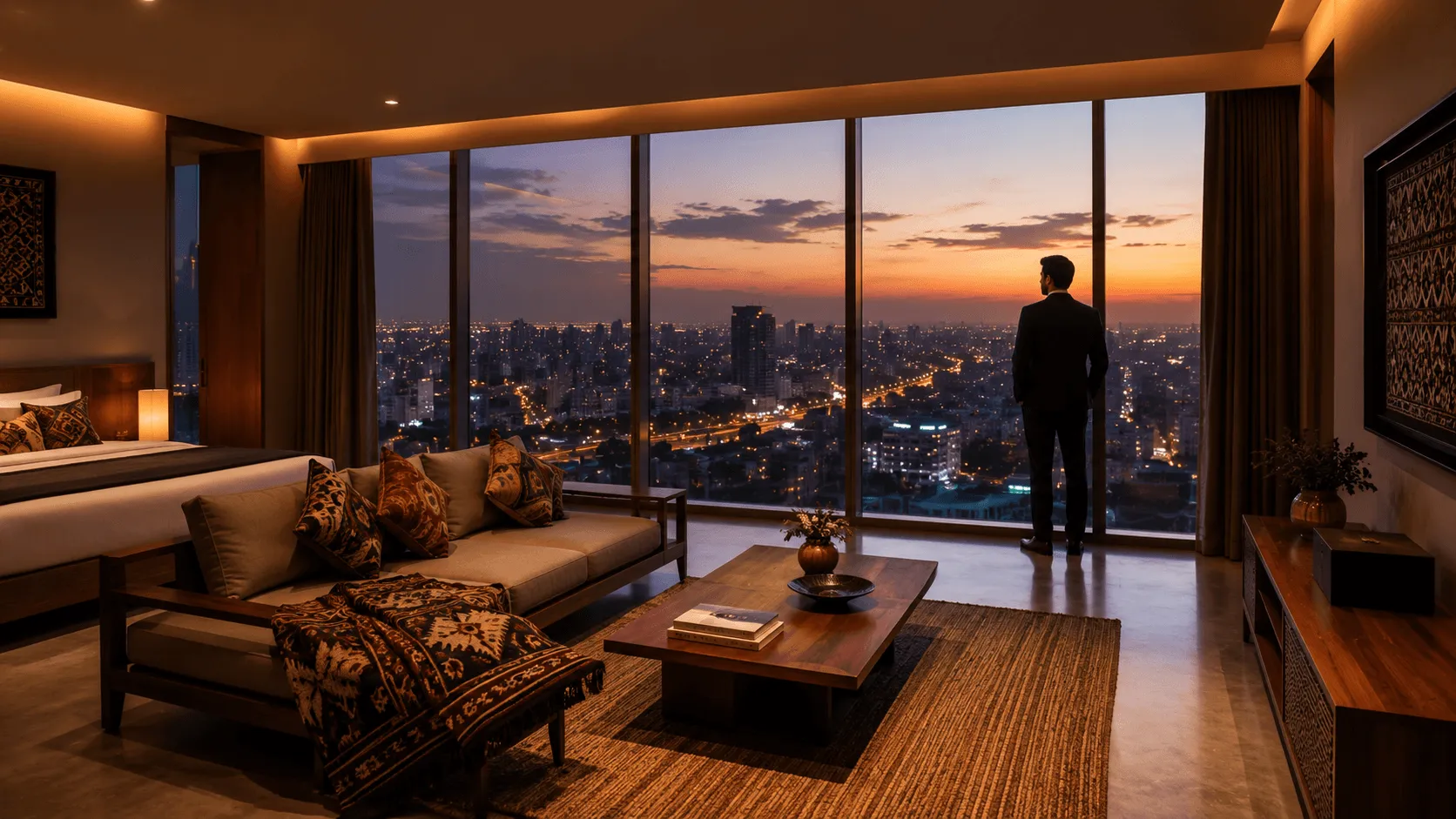 Luxury hotel suite in Surat with city skyline